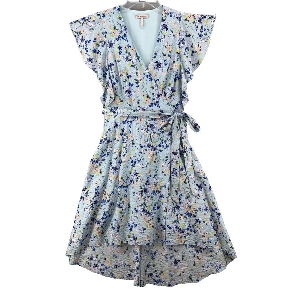 BCBGeneration Dress Womens Sz 12‎ Blue Floral Wrap Hi Low Knee Length
